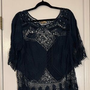 Democracy dark blue open in the middle Crochet Women's Blouse boho western